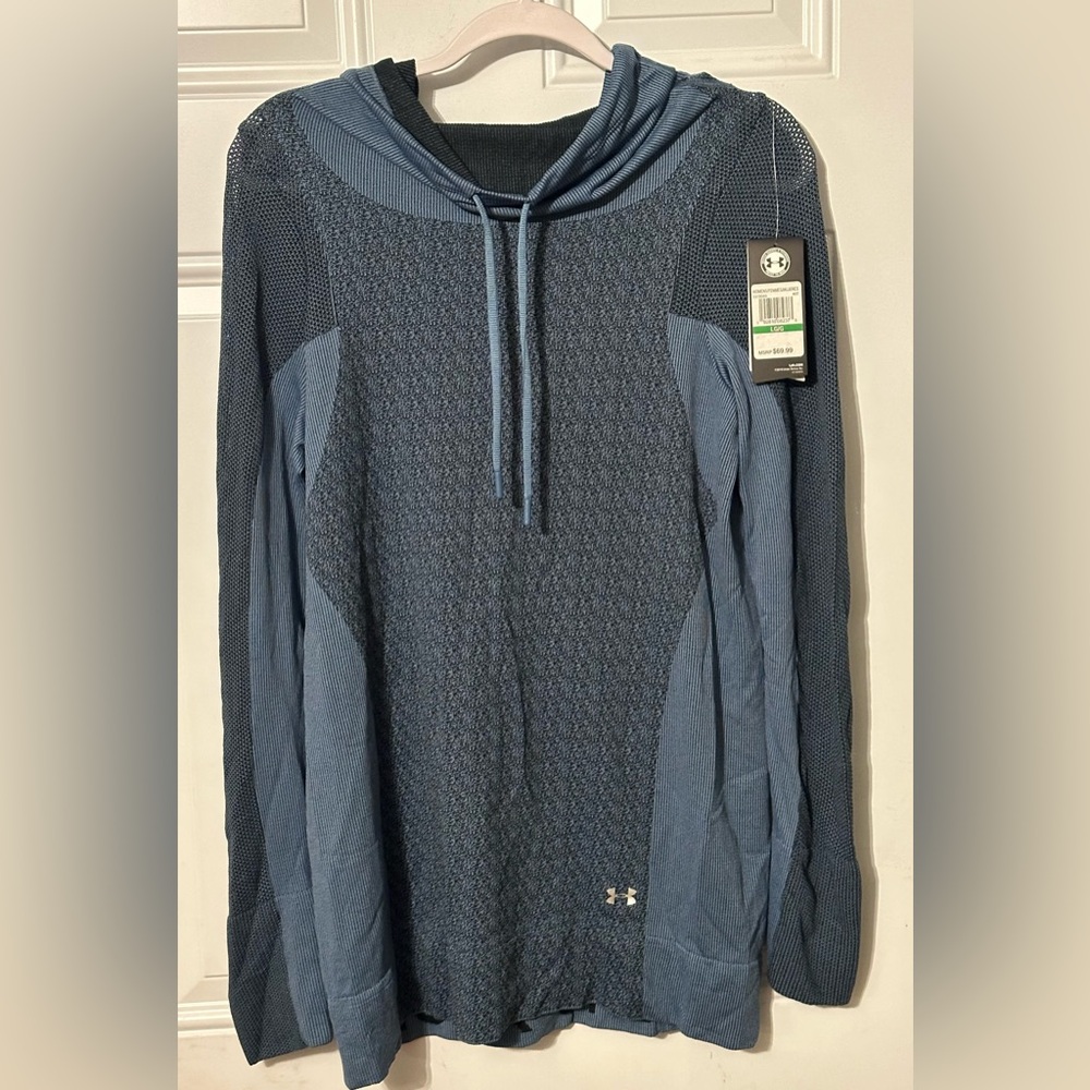 Under Armour Heatgear Cowl Drawstring Neck Shirt Women Large Blue Breathable